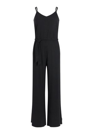 Combinaison noire avec un décolleté en V, fines bretelles ornées de ferrures décoratives, taille ceinturée et coupe large aux jambes. Texture côtelée verticale.