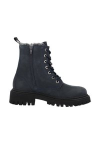 Stivaletti alla caviglia blu navy in pelle lavorata, con cerniera laterale, chiusura frontale con lacci, fodera in pelliccia sintetica e suola spessa e robusta.