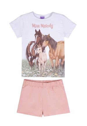 Camicia bianca a maniche corte con tre cavalli e la scritta "Miss Melody" sopra, abbinata a pantaloncini rosa chiaro con vita elasticizzata liscia.
