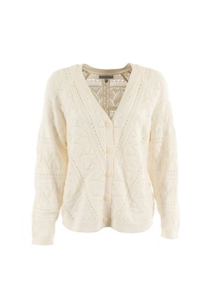 Cardigan color crema con un motivo testurizzato e design geometrici, scollo a V e cinque bottoni per la chiusura frontale.