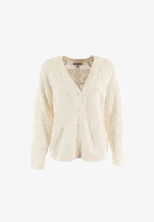 Cárdigan color crema con un patrón texturizado de diseños geométricos, escote en V y cinco botones en la parte delantera.