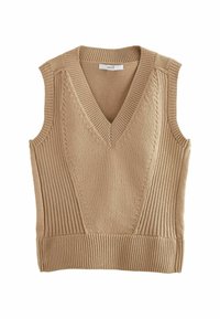 Bež kootud ilma varrukateta sviiter V-dekolteega, millel on ribakujuline tekstuur ja struktureeritud detailid esiosas, loodud sobiva välimuse saavutamiseks.