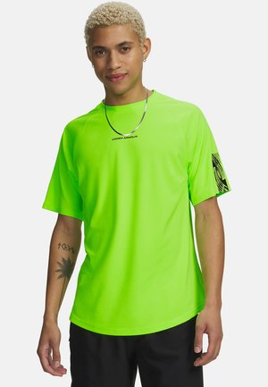 Neon green short-sleeve shirt with a round neckline, featuring a black graphic pattern on the left sleeve and "Under Armour" text on the front.