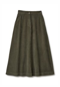 Olivově zelená kordurová midi sukně s rozšířeným střihem, s předním zapínáním na knoflíky a dvěma bočními kapsami. Strukturovaná textilie.