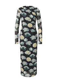 Blumiges Midi-Kleid mit langen Ärmeln, asymmetrischem Ausschnitt und schwarzem Grundton. Das Design enthält weiße und blassgrüne Rosen.
