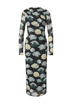 Bloemen midi-jurk met lange mouwen, een asymmetrische halslijn en een zwarte basis. Het ontwerp bevat witte en lichtgroene rozen.