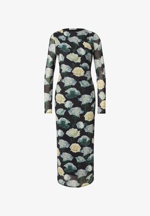 Bloemen midi-jurk met lange mouwen, een asymmetrische halslijn en een zwarte basis. Het ontwerp bevat witte en lichtgroene rozen.