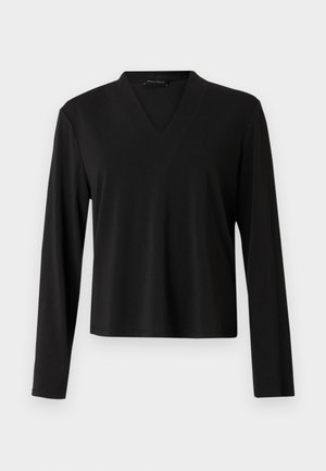 Black long-sleeve V-neck top made of soft material, featuring a relaxed fit and clean hem. Simple design with no noticeable patterns or accents.