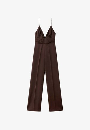 Dunkelbrauner Jumpsuit mit weitem Bein, dünnen Spaghettiträgern und tiefem V-Ausschnitt mit gerafften Details an der Brust.
