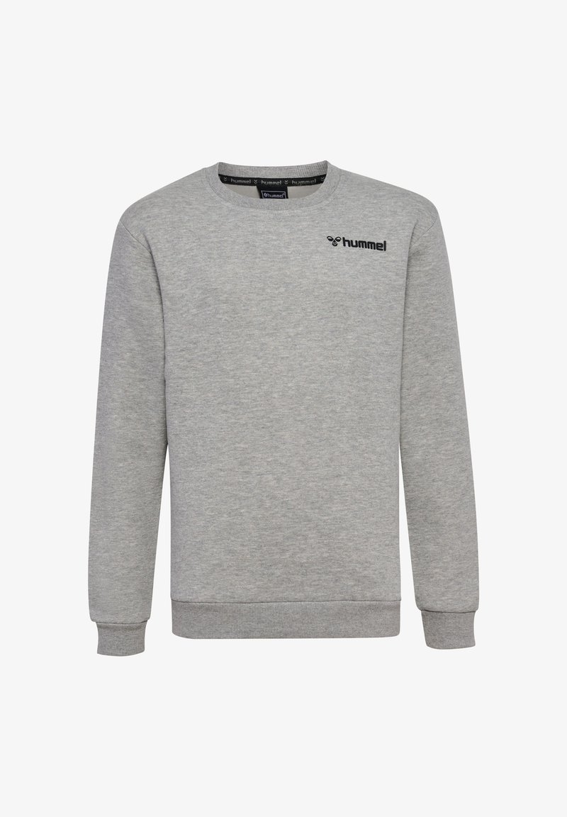 Grå sweatshirt lavet af blødt stof, med rund hals, lange ærmer og et sort logo på den øverste venstre side.
