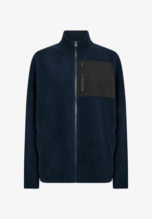 Navy blue fleece jacket with full front zipper and black zippered chest pocket on left side, standing collar.