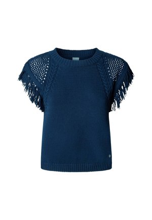 Tmavomodrý pletený krátky top s třásňami na rukávoch, otvorenými pletenými panelmi na pleciach a detailmi z vrkočového vzoru.