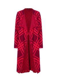 Rote und rosa gemusterte offene Strickjacke aus weichem, strukturiertem Stoff, mit einer drapierten Silhouette und Fransenverzierungen entlang der Ränder.