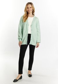 Cardigan verde menta lavorato a maglia con motivo testurizzato, grandi bottoni e spalle scese, abbinato a pantaloni neri aderenti e ballerine nere.