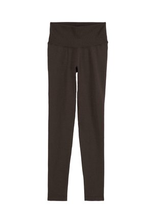 Dark brown high-waist leggings with a wide ribbed waistband and slim-fitting legs, displayed against a white background.