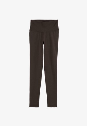 Leggings marroni scuri a vita alta con una larga cintura a coste e gambe aderenti, esposti su uno sfondo bianco.