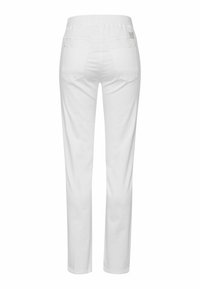 Weiße Stretch-Denim-Hosen mit glatter Textur, elastischem Bund und zwei Gesäßtaschen. Schmal geschnitten mit geraden Beinen, klaren Linien und schlichtem Design.