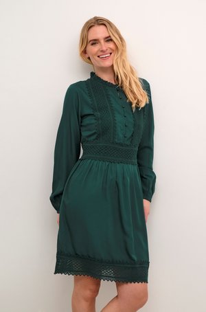 Green, long-sleeve dress with textured bodice, decorative button placket, and lace trim at the hem and cuffs. Smooth fabric, fitted waist.