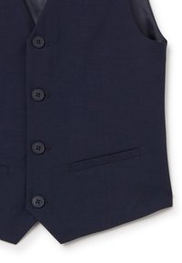 Marineblaues Weste aus strukturiertem Stoff mit sechs Knöpfen und einer einzelnen Tasche auf der linken Seite. Sauberer, taillierter Schnitt.