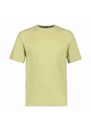 Vaaleankeltainen urheilut-paita, jossa on lyhyet hihat, teksturoidut paneelit ja pyöreä kaulus. Valmistettu kosteutta siirtävästä materiaalista mukavuutta varten.