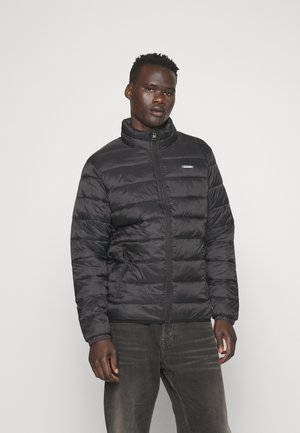 Veste en duvet noire avec un col haut et une fermeture éclair. Comprend des coutures piquées et des poches latérales ; conception légère et isolée.