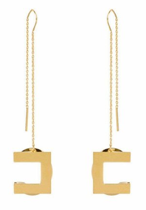 Orecchini pendenti a catena d'oro con ciondoli geometrici a quadrato aperto sospesi da sottili ganci d'oro.