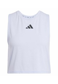 Witte mouwloze crop top gemaakt van zachte stof, voorzien van een zwart Adidas-logo op de borst. Eenvoudig ontwerp met een ronde halslijn.