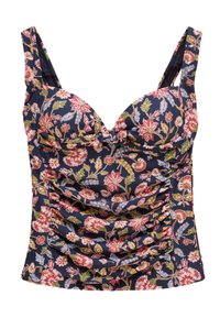 Ärmelloses florales Bustier-Top mit pinken, roten und grünen Blumen auf dunkelblauem Hintergrund und gerafften Details vorne.