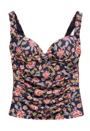 Nahaufnahme des oberen Rückens einer Person, die ein dunkelblaues ärmelloses Top mit einem bunten Blumenmuster und einem kleinen Metallmarkenetikett trägt.
