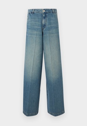 Μπλε τζιν παντελόνια με φαρδιά πόδια, ψηλή μέση, κλείσιμο με κουμπιά, θηλιές για ζώνη και διακριτική ξεθώριαση στους μηρούς και γόνατα.