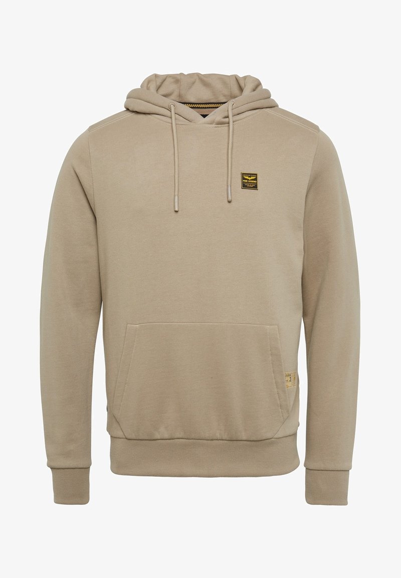 Sweat à capuche beige avec poche kangourou devant, cordon à la capuche, poignets et bas côtelés, et un petit écusson logo noir et jaune sur la poitrine.