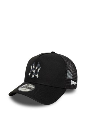 Schwarze verstellbare Baseballkappe mit Netzeinsätzen an den Seiten, vorne mit einem Logo in dunkelgrau und weißen Karos, strukturiertem Stoff und gebogener Krempe.