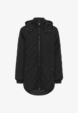 Longue veste matelassée noire avec fermeture à glissière, capuche et accents à boutons-pression. Comprend des poignets côtelés et un ourlet incurvé pour une couverture supplémentaire.