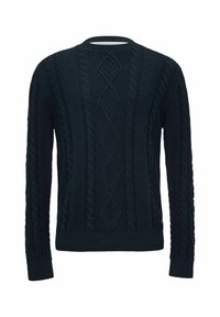 Marineblauer Kabelstrickpullover mit Rauten- und Zopfmuster, langen Ärmeln sowie gerippten Bündchen und Saum.