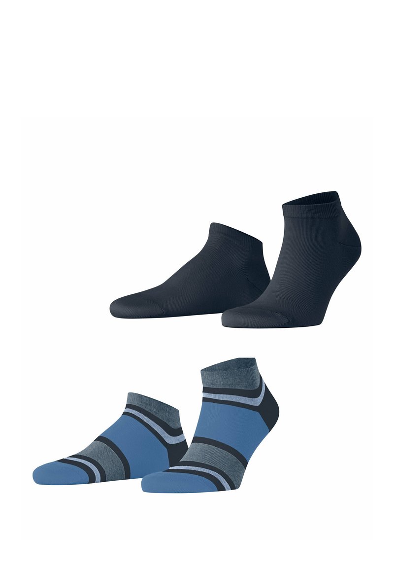 Knöchelsocken in Marine- und Blautönen. Das marinefarbene Paar ist einfarbig, während das blaue Paar horizontale graue und schwarze Streifen aufweist. Weicher Stoff.