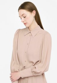 Blusa rosa chiaro con colletto, chiusura a bottoni, maniche a sbuffo e vita con cordoncino. Orecchini a catena argentati. Tessuto morbido, design elegante.