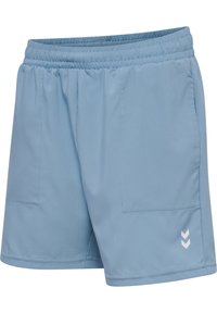 Ljusblå atletiska shorts i glattyg, med elastisk midja, två sidofickor och en vit logotyp på nedre sidan.