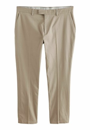 Beige trousers with a smooth texture, straight-cut legs, slanted side pockets, and a flat waistband, featuring a clean, minimal design.