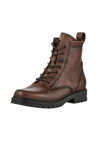 Stivaletto in pelle marrone con punta rotonda, chiusura tramite lacci, linguetta sul retro e suola testurizzata con scanalature per una migliore aderenza.