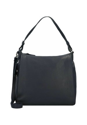 Dunkelblaue Leder-Schultertasche mit strukturiertem Finish, verstellbarem Schulterriemen und einem Reißverschluss oben, ausgestattet mit einem minimalistischen Design.