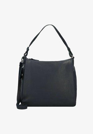 Dark blue leather shoulder bag with a textured finish, adjustable strap, and a top zipper closure, featuring a minimalist design.
