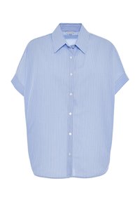 Camicetta a maniche corte a righe blu e bianche con chiusura a bottoni e colletto classico. Realizzata in tessuto leggero, presenta una vestibilità comoda.