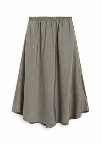 Harmaa, polvipituinen hame ruudullisella kuviolla. Joustava vyötärö, levenevä muotoilu ja teksturoitu kangas, jossa on hieno kiilto. Raaka helma.