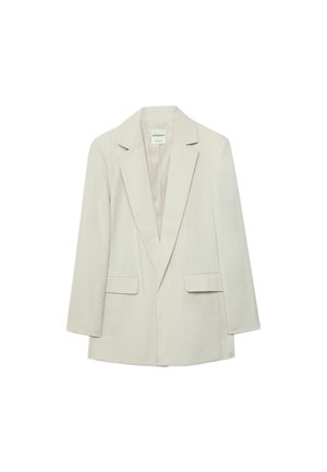 Ženski blazer kremne barve z notch reverjem, dolgimi rokavi in dvema sprednjima žepoma z zaponkami, prikazan na belem ozadju.