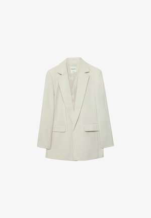 Ženski blazer kremne barve z notch reverjem, dolgimi rokavi in dvema sprednjima žepoma z zaponkami, prikazan na belem ozadju.