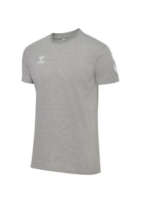 Grå t-shirt med kort ärm tillverkad av mjukt tyg, med rund halsringning och vit logga på bröstet samt kontrasterande ränder på ärmarna.