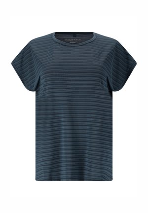 Mørkegrå sportsskjorte til kvinder med korte ærmer, diskrete vandrette striber og rund halsudskæring.