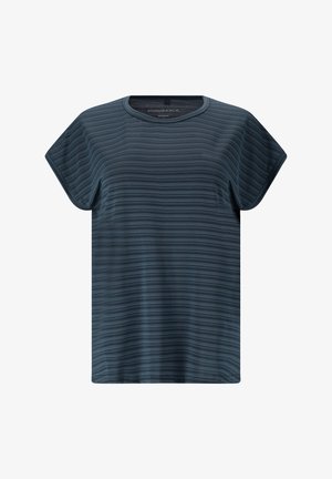 Mørkegrå sportsskjorte til kvinder med korte ærmer, diskrete vandrette striber og rund halsudskæring.