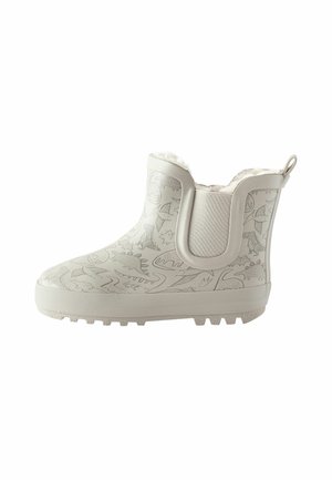 Botte de pluie enfant gris clair à la cheville avec motif dinosaure, côté élastique, languette à l'arrière et semelle texturée.