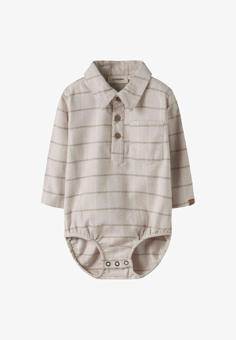 Šviesiai smėlio spalvos ilgomis rankovėmis bodis su rudomis juostelėmis, apykakle, trimis mygtukais ir priekinėmis kišenėmis. Užsegimas apačioje su spaudėmis.